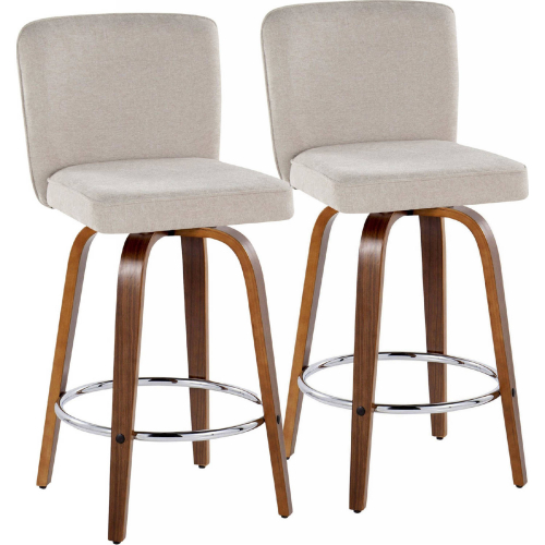 Henry 26" Swivel Counter Stool in Walnut Wood & Beige Fabric with Round Chrome Footrest (Set of 2)